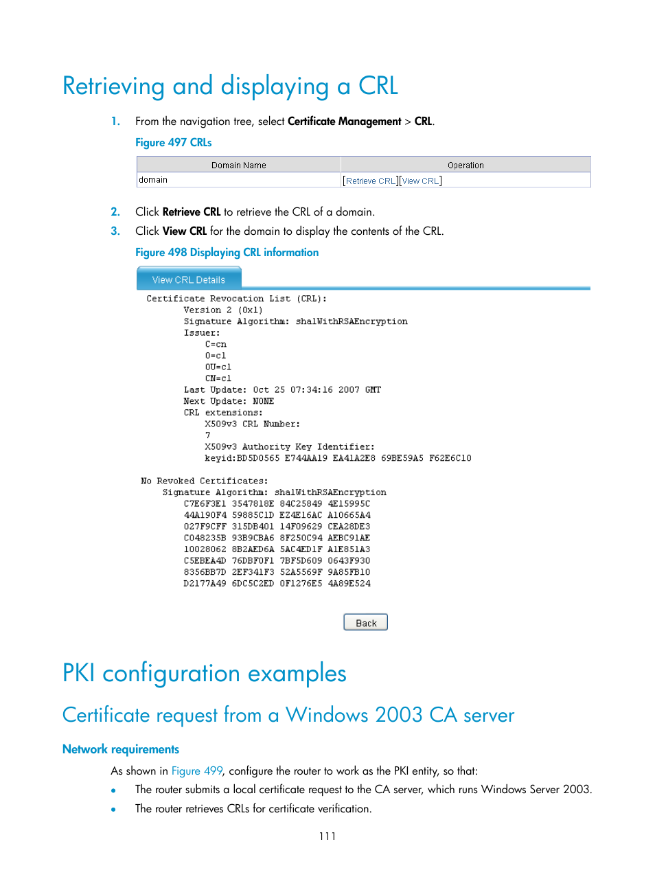 Retrieving and displaying a crl, Pki configuration examples, Certificate request from a windows 2003 ca server | Network requirements, Retrieving and displaying a | H3C Technologies H3C MSR 50 User Manual | Page 496 / 877