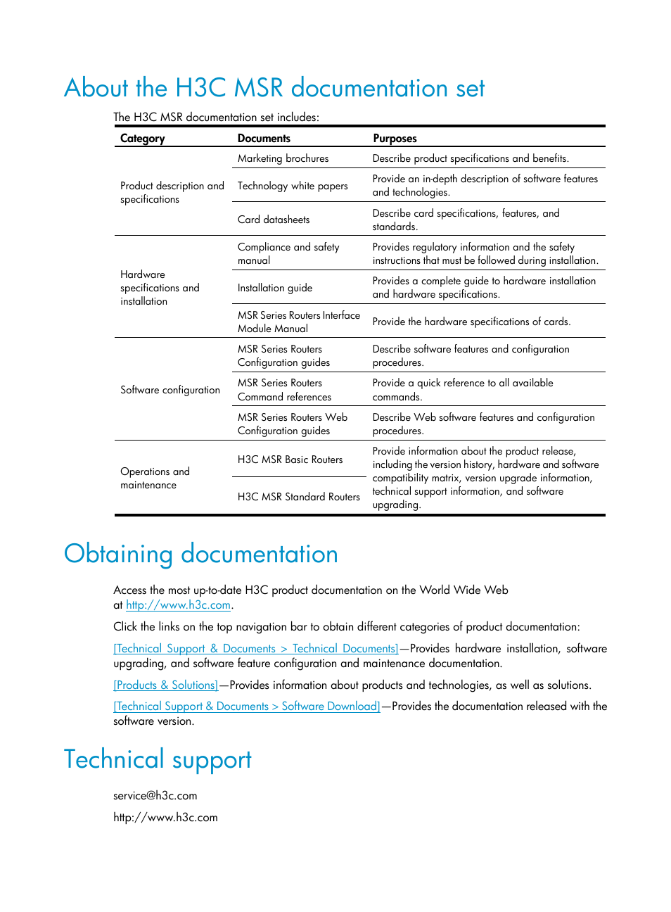 About the h3c msr documentation set, Obtaining documentation, Technical support | H3C Technologies H3C MSR 50 User Manual | Page 5 / 877