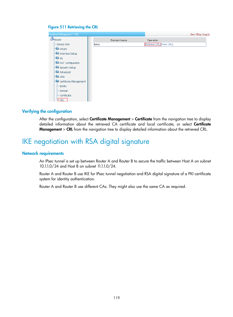 Verifying the configuration, Ike negotiation with rsa digital signature, Network requirements | H3C Technologies H3C MSR 50 User Manual | Page 504 / 877