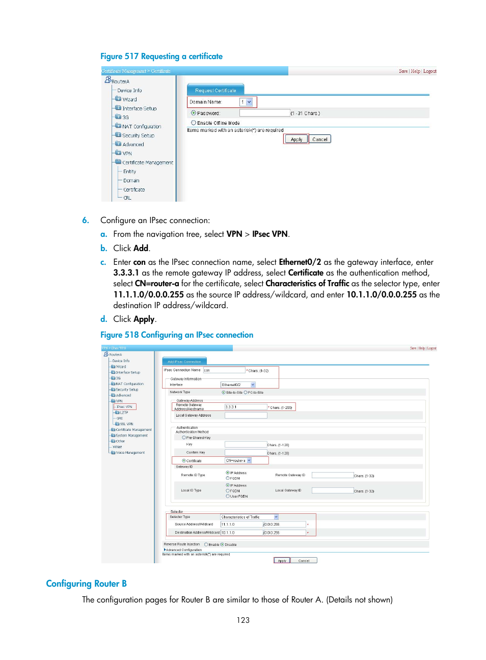 Configuring router b | H3C Technologies H3C MSR 50 User Manual | Page 508 / 877