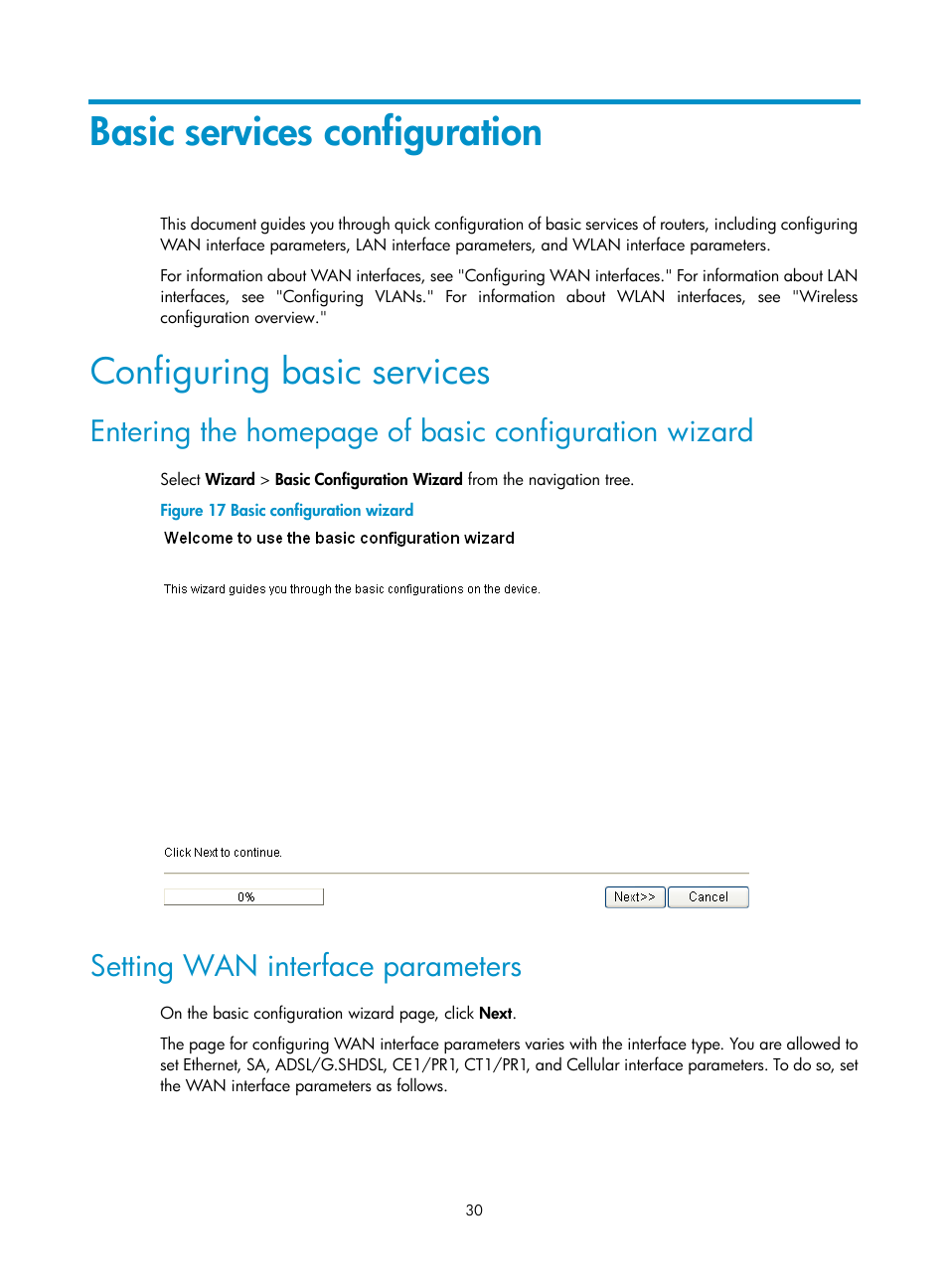 Basic services configuration, Configuring basic services, Setting wan interface parameters | H3C Technologies H3C MSR 50 User Manual | Page 51 / 877