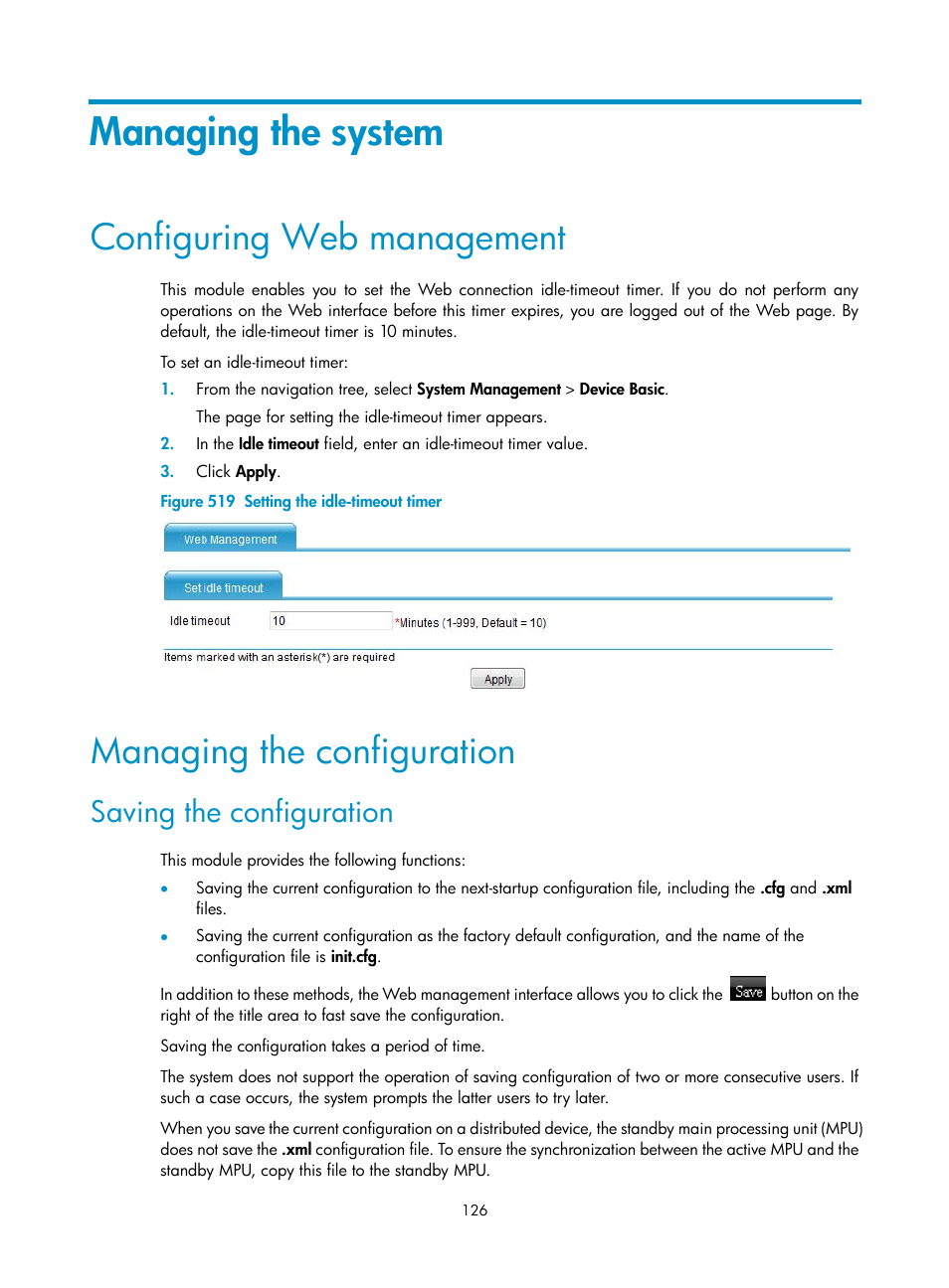 Managing the system, Configuring web management, Managing the configuration | Saving the configuration | H3C Technologies H3C MSR 50 User Manual | Page 511 / 877