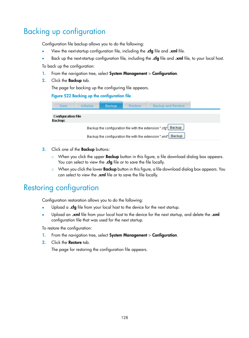 Backing up configuration, Restoring configuration | H3C Technologies H3C MSR 50 User Manual | Page 513 / 877