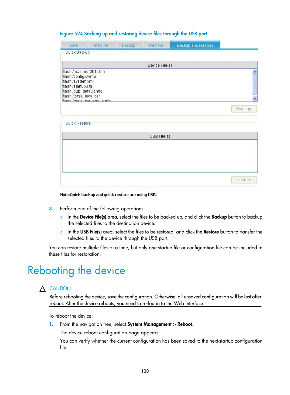 Rebooting the device | H3C Technologies H3C MSR 50 User Manual | Page 515 / 877