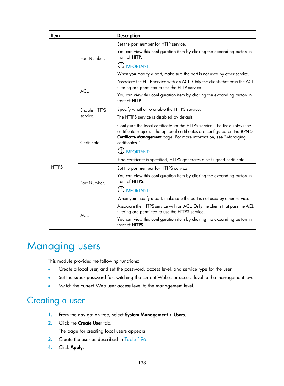 Managing users, Creating a user | H3C Technologies H3C MSR 50 User Manual | Page 518 / 877