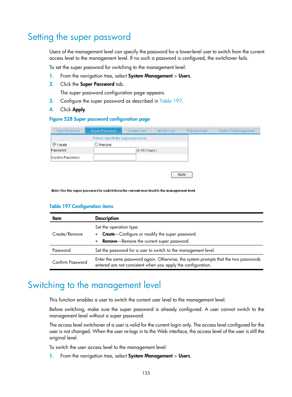 Setting the super password, Switching to the management level | H3C Technologies H3C MSR 50 User Manual | Page 520 / 877