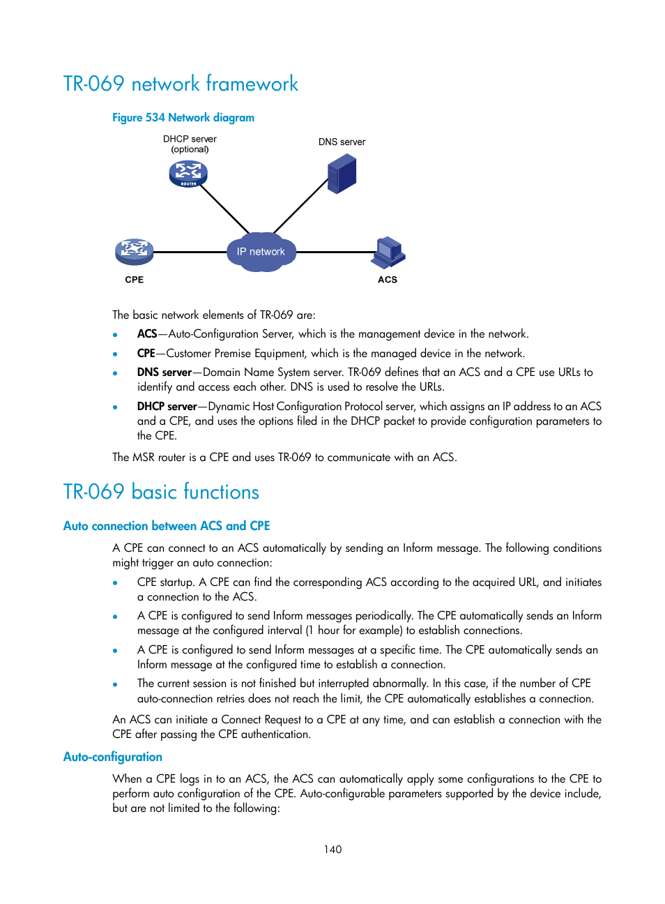 Tr-069 network framework, Tr-069 basic functions, Auto connection between acs and cpe | Auto-configuration | H3C Technologies H3C MSR 50 User Manual | Page 525 / 877