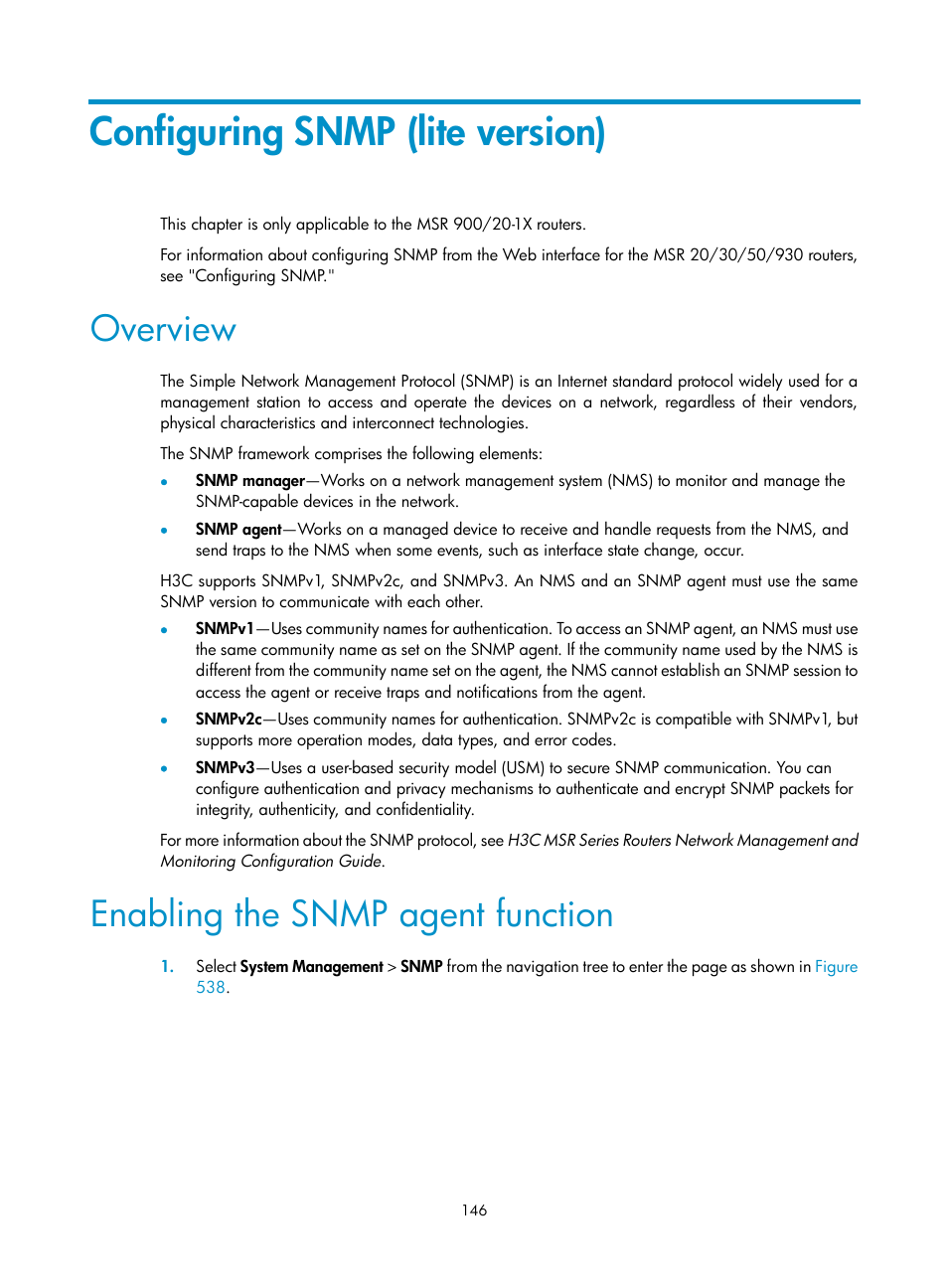 Configuring snmp (lite version), Overview, Enabling the snmp agent function | H3C Technologies H3C MSR 50 User Manual | Page 531 / 877