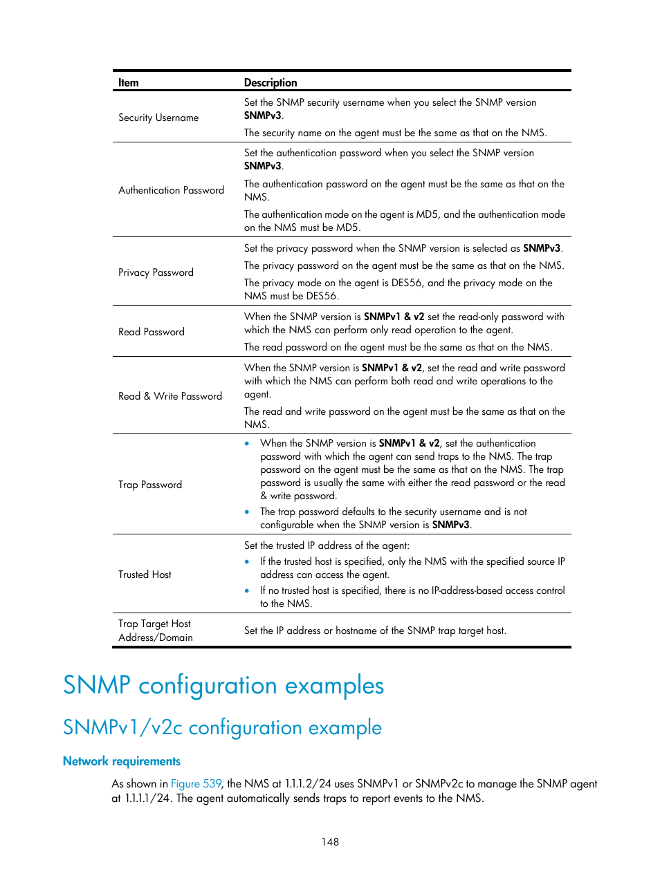 Snmp configuration examples, Snmpv1/v2c configuration example, Network requirements | H3C Technologies H3C MSR 50 User Manual | Page 533 / 877