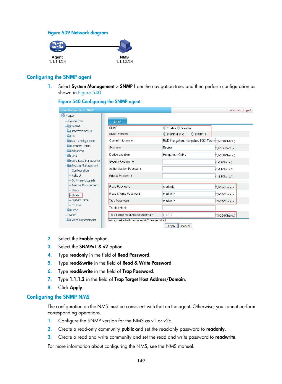 Configuring the snmp agent, Configuring the snmp nms | H3C Technologies H3C MSR 50 User Manual | Page 534 / 877