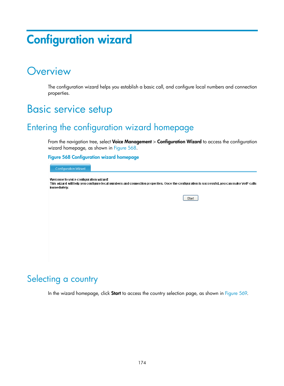 Configuration wizard, Overview, Basic service setup | Selecting a country, Entering the configuration wizard homepage | H3C Technologies H3C MSR 50 User Manual | Page 559 / 877