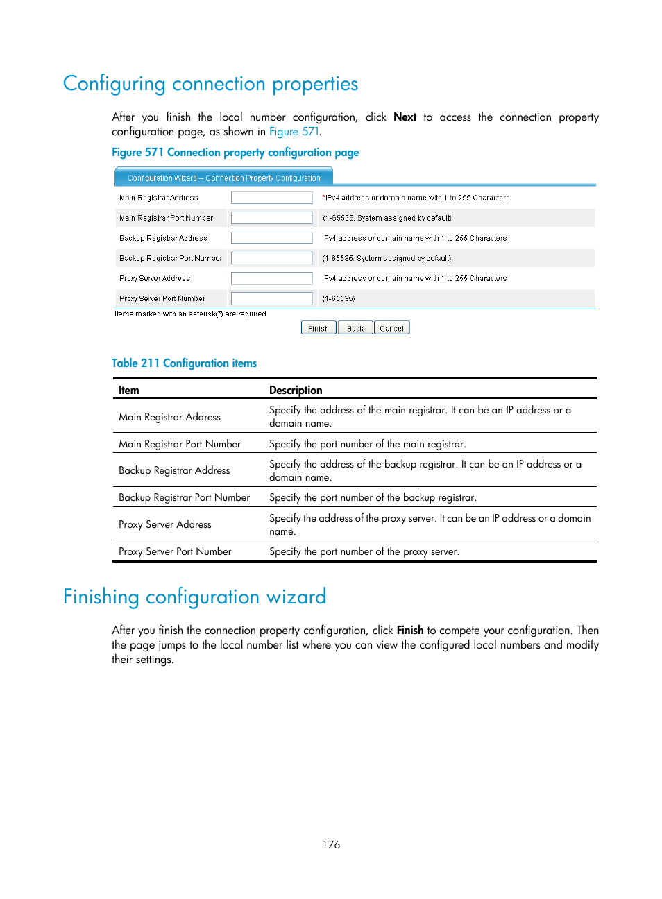 Configuring connection properties, Finishing configuration wizard | H3C Technologies H3C MSR 50 User Manual | Page 561 / 877