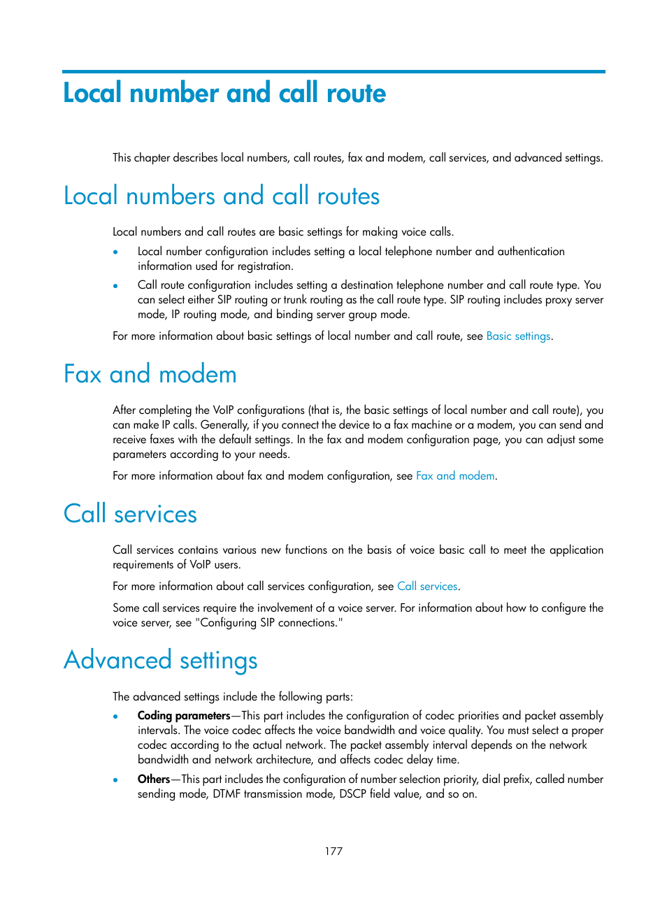 Local number and call route, Local numbers and call routes, Fax and modem | Call services, Advanced settings | H3C Technologies H3C MSR 50 User Manual | Page 562 / 877