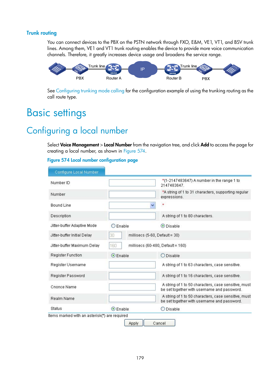 Trunk routing, Basic settings, Configuring a local number | H3C Technologies H3C MSR 50 User Manual | Page 564 / 877