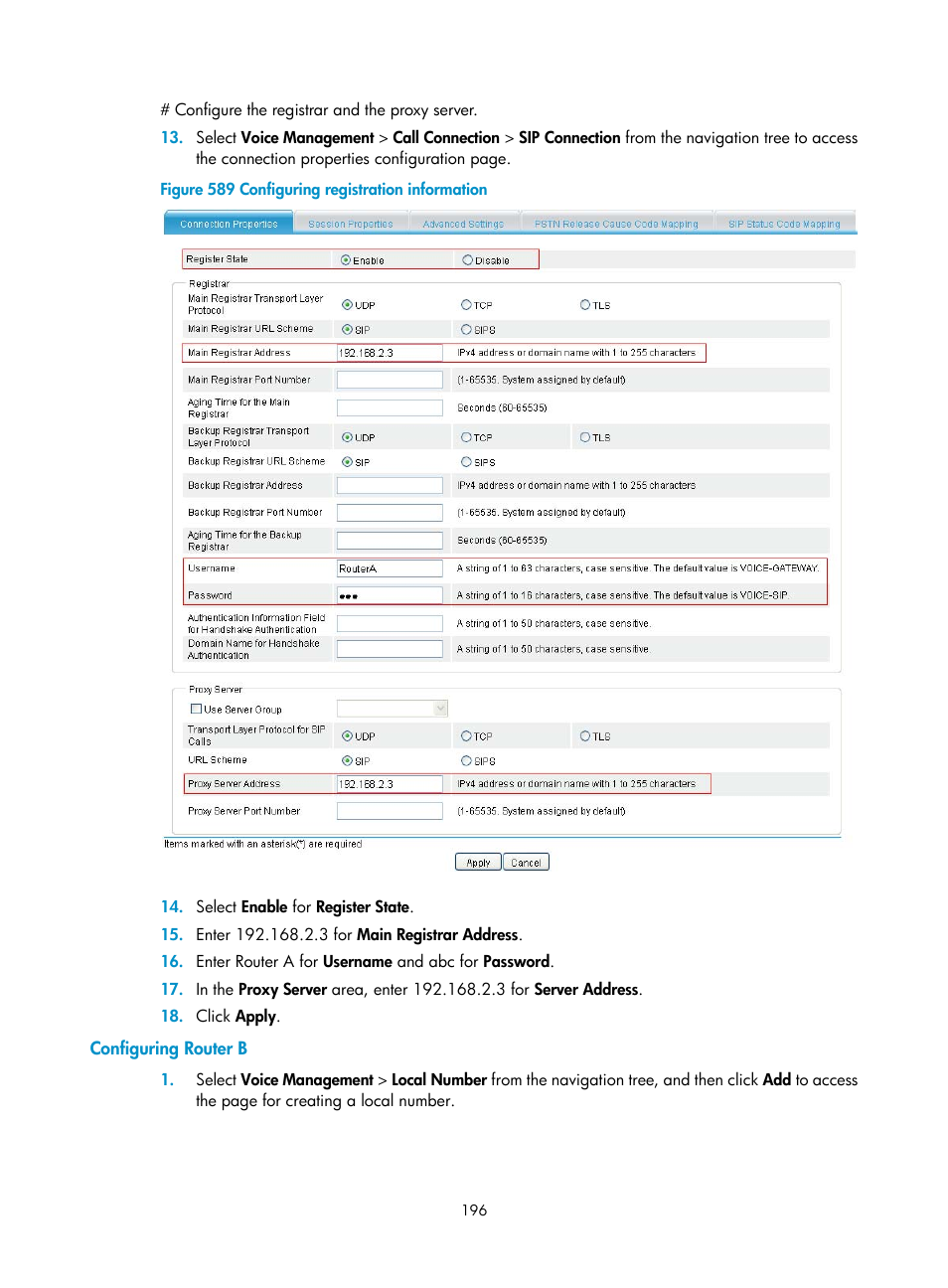 Configuring router b | H3C Technologies H3C MSR 50 User Manual | Page 581 / 877