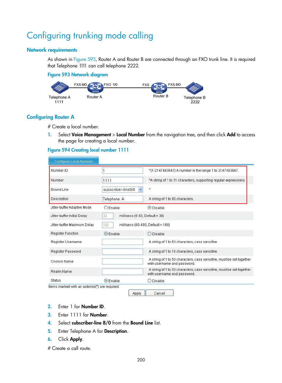 Configuring trunking mode calling, Network requirements, Configuring router a | H3C Technologies H3C MSR 50 User Manual | Page 585 / 877