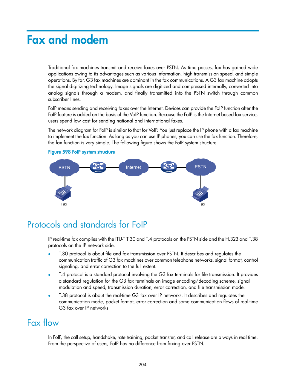 Fax and modem, Protocols and standards for foip, Fax flow | H3C Technologies H3C MSR 50 User Manual | Page 589 / 877