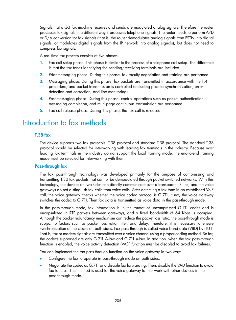 Introduction to fax methods, T.38 fax, Pass-through fax | H3C Technologies H3C MSR 50 User Manual | Page 590 / 877