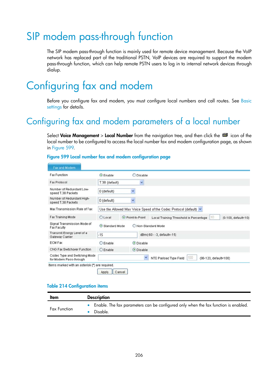 Sip modem pass-through function, Configuring fax and modem | H3C Technologies H3C MSR 50 User Manual | Page 591 / 877