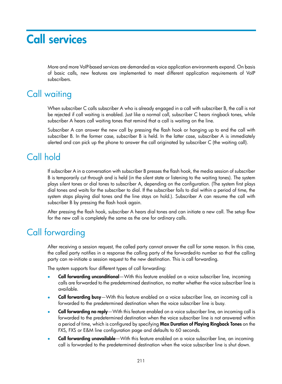 Call services, Call waiting, Call hold | Call forwarding | H3C Technologies H3C MSR 50 User Manual | Page 596 / 877