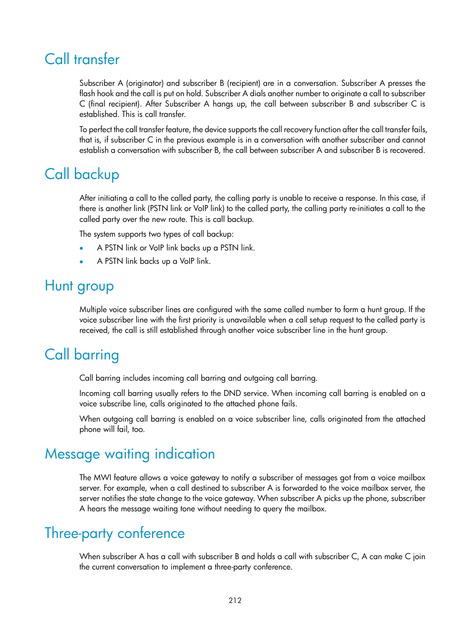 Call transfer, Call backup, Hunt group | Call barring, Message waiting indication, Three-party conference | H3C Technologies H3C MSR 50 User Manual | Page 597 / 877