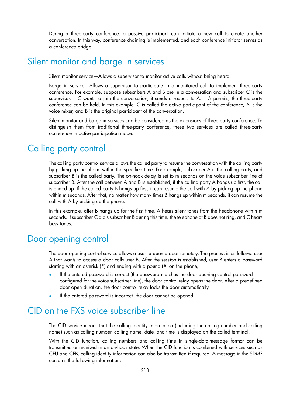 Silent monitor and barge in services, Calling party control, Door opening control | Cid on the fxs voice subscriber line | H3C Technologies H3C MSR 50 User Manual | Page 598 / 877