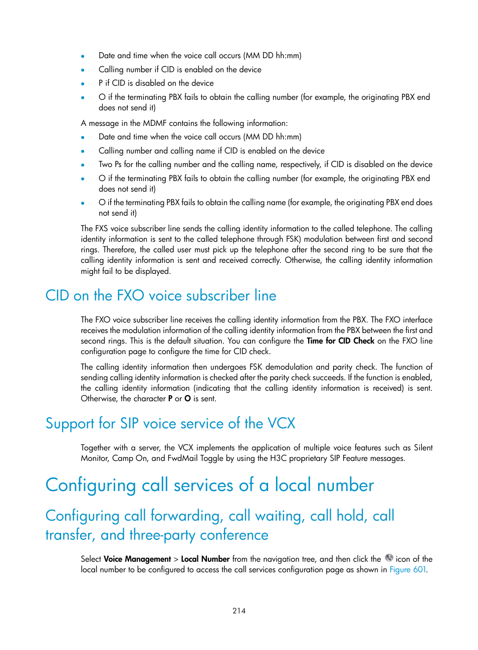 Cid on the fxo voice subscriber line, Support for sip voice service of the vcx, Configuring call services of a local number | H3C Technologies H3C MSR 50 User Manual | Page 599 / 877