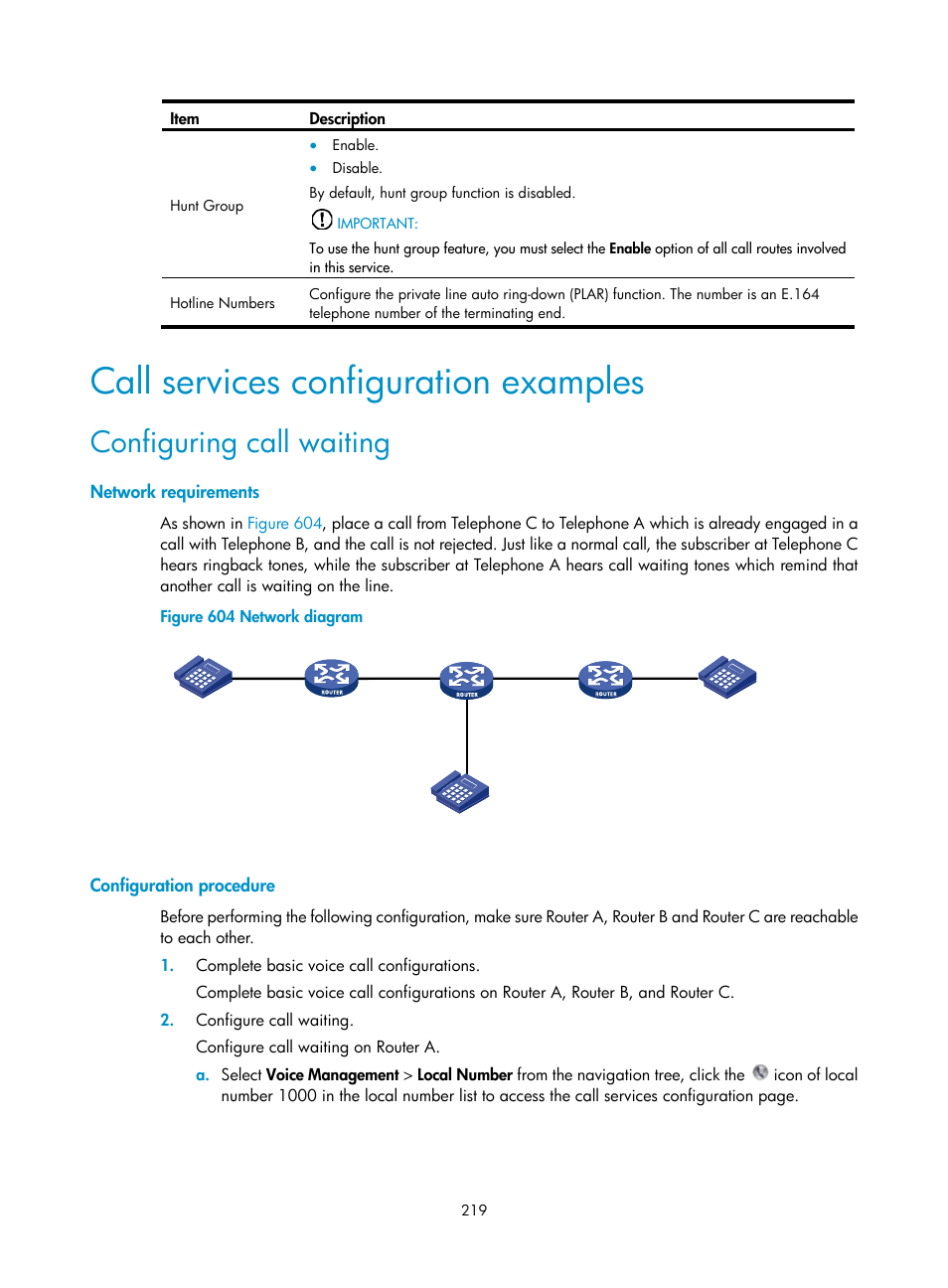 Call services configuration examples, Configuring call waiting, Network requirements | Configuration procedure | H3C Technologies H3C MSR 50 User Manual | Page 604 / 877