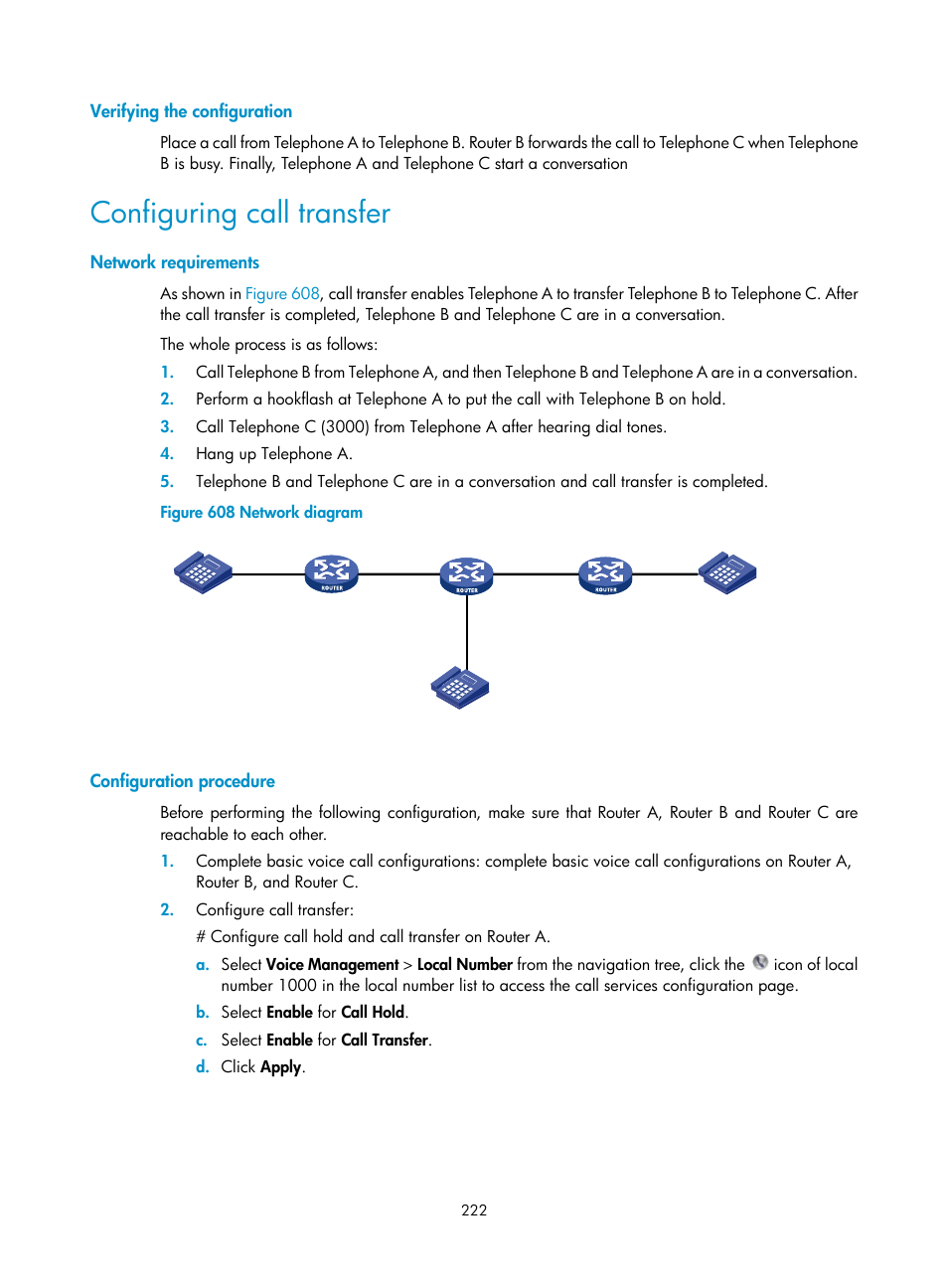 Verifying the configuration, Configuring call transfer, Network requirements | Configuration procedure | H3C Technologies H3C MSR 50 User Manual | Page 607 / 877