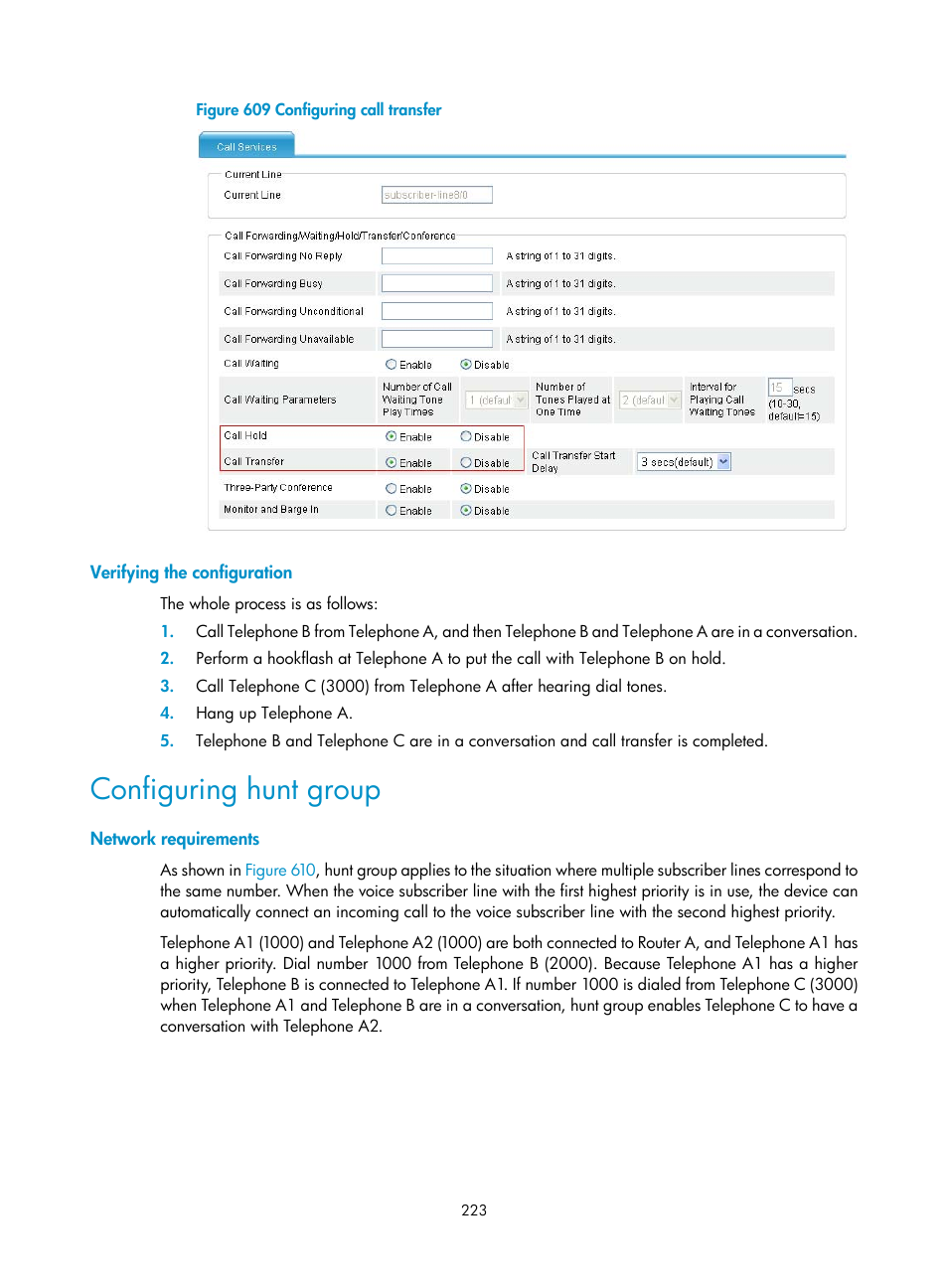 Verifying the configuration, Configuring hunt group, Network requirements | H3C Technologies H3C MSR 50 User Manual | Page 608 / 877