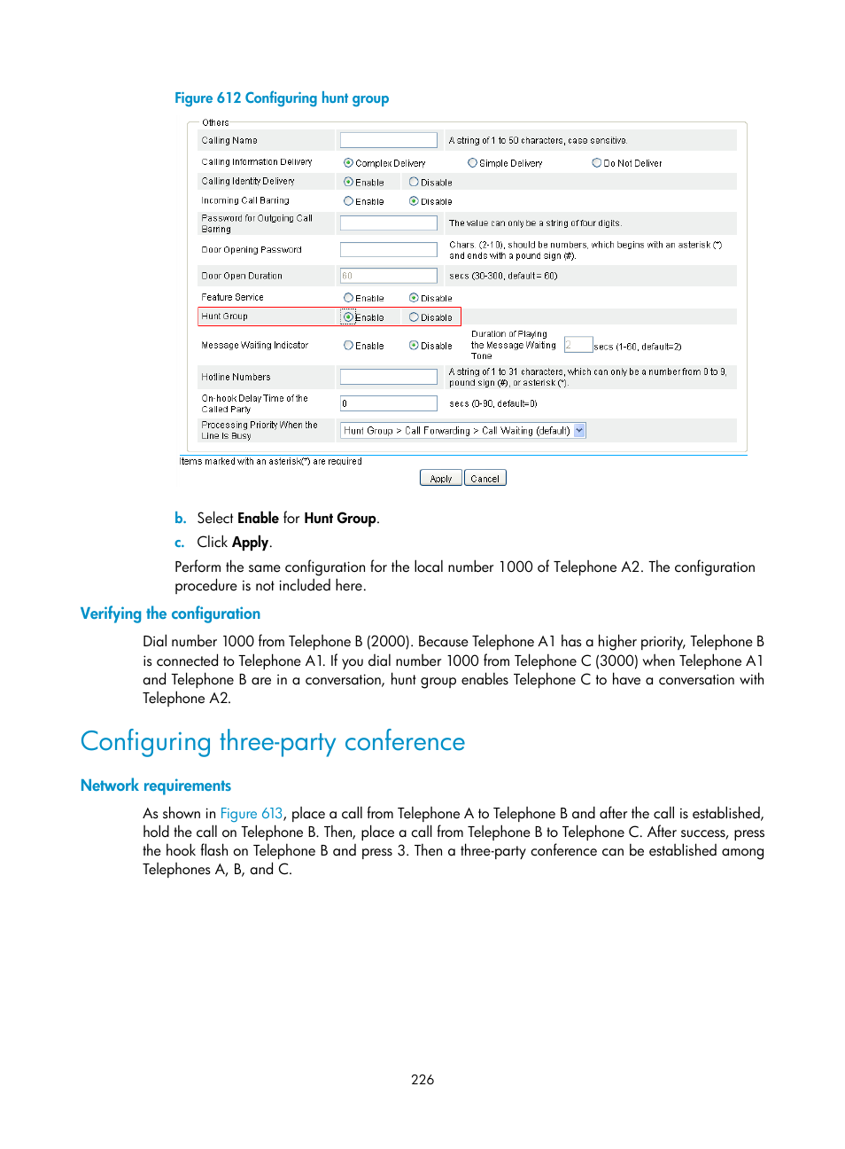 Verifying the configuration, Configuring three-party conference, Network requirements | H3C Technologies H3C MSR 50 User Manual | Page 611 / 877