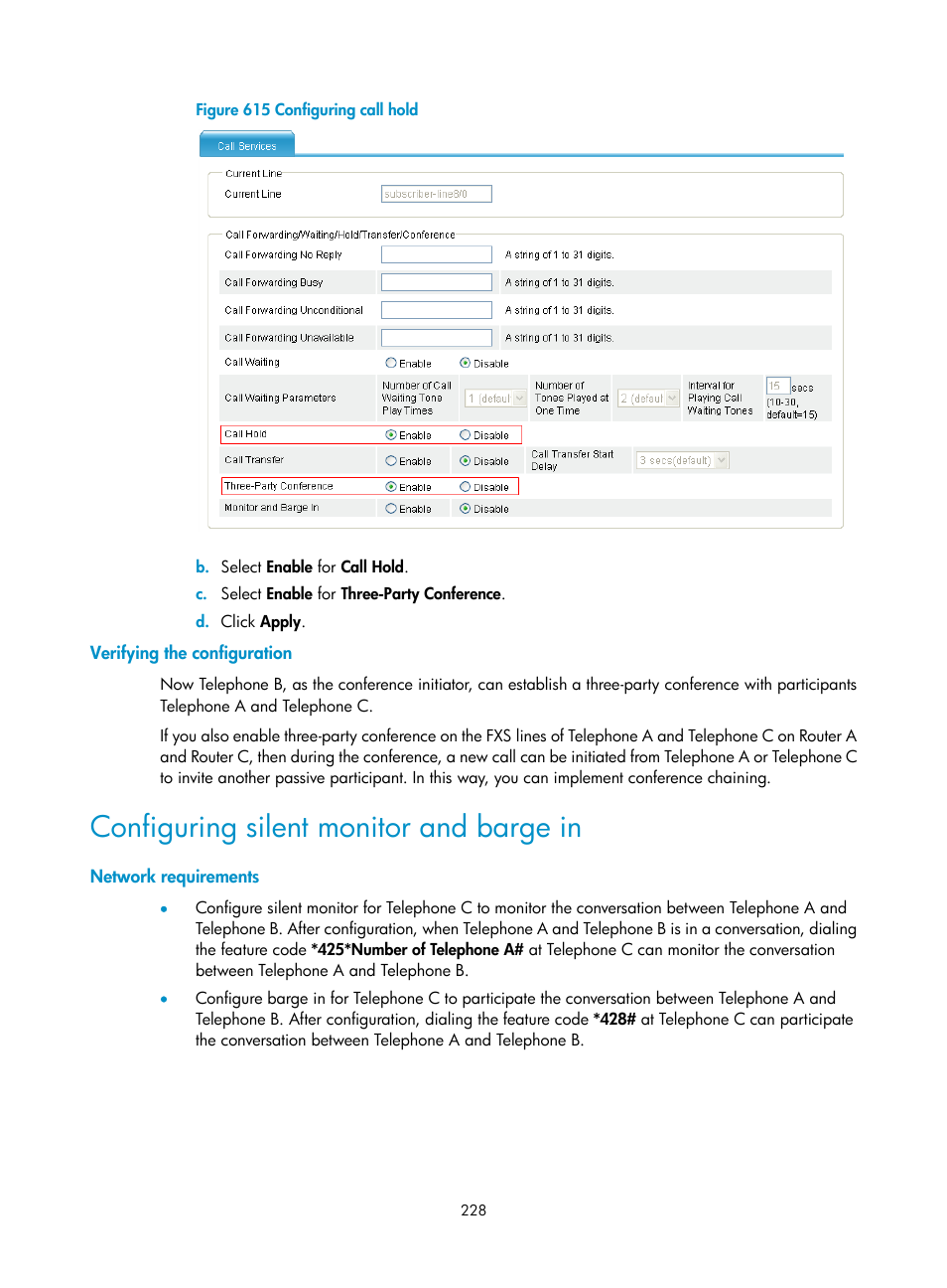 Verifying the configuration, Configuring silent monitor and barge in, Network requirements | H3C Technologies H3C MSR 50 User Manual | Page 613 / 877