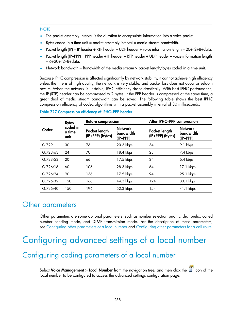 Other parameters, Configuring advanced settings of a local number, Configuring coding parameters of a local number | H3C Technologies H3C MSR 50 User Manual | Page 623 / 877