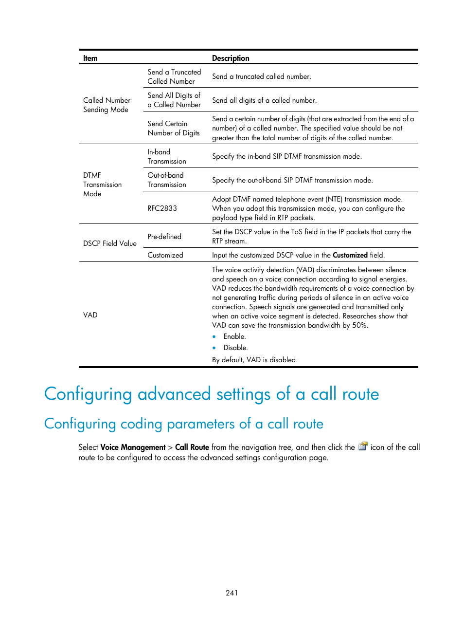 Configuring advanced settings of a call route, Configuring coding parameters of a call route | H3C Technologies H3C MSR 50 User Manual | Page 626 / 877