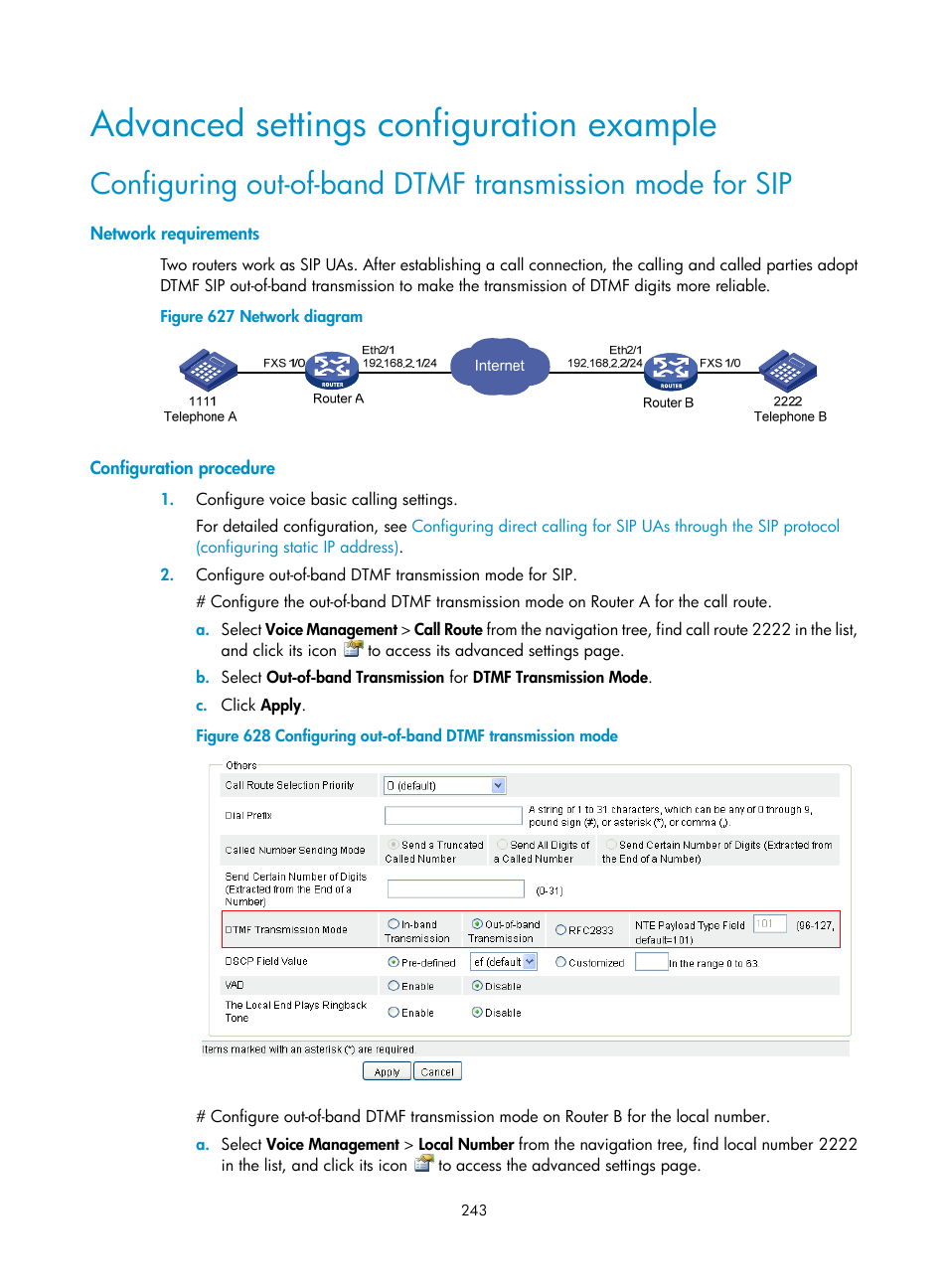 Advanced settings configuration example, Network requirements, Configuration procedure | H3C Technologies H3C MSR 50 User Manual | Page 628 / 877