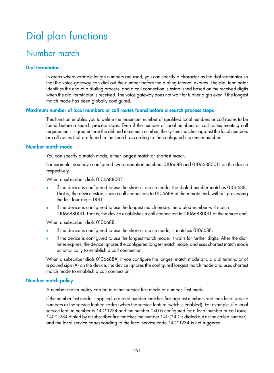 Dial plan functions, Number match, Dial terminator | Number match mode, Number match policy | H3C Technologies H3C MSR 50 User Manual | Page 636 / 877