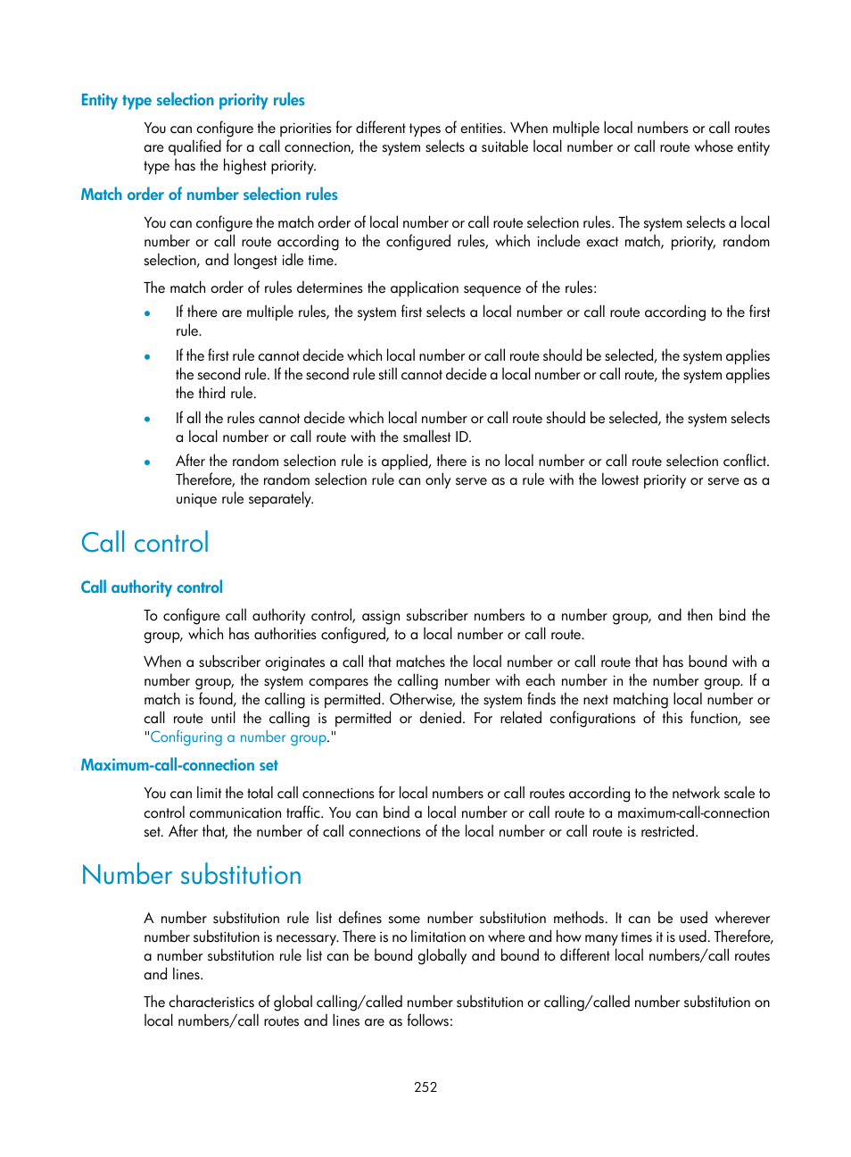 Entity type selection priority rules, Match order of number selection rules, Call control | Call authority control, Maximum-call-connection set, Number substitution | H3C Technologies H3C MSR 50 User Manual | Page 637 / 877