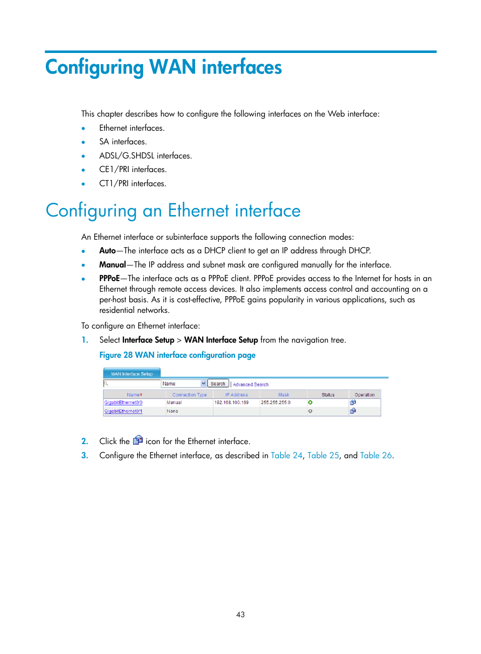 Configuring wan interfaces, Configuring an ethernet interface | H3C Technologies H3C MSR 50 User Manual | Page 64 / 877