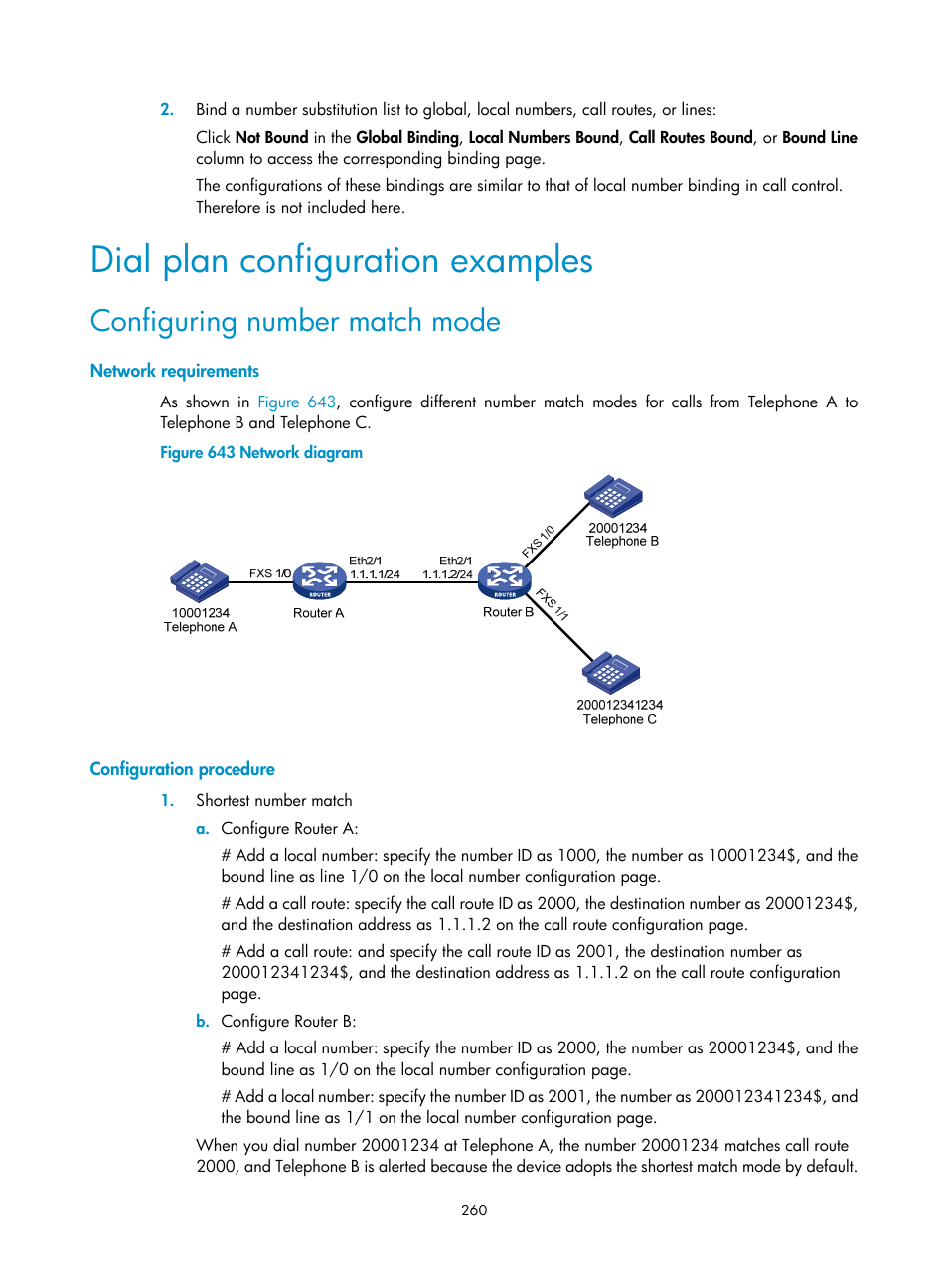 Dial plan configuration examples, Configuring number match mode, Network requirements | Configuration procedure | H3C Technologies H3C MSR 50 User Manual | Page 645 / 877