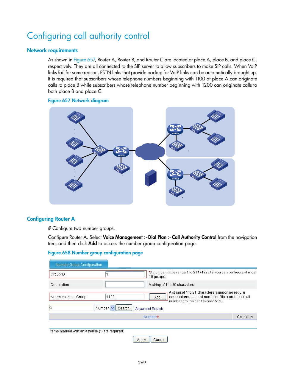 Configuring call authority control, Network requirements, Configuring router a | H3C Technologies H3C MSR 50 User Manual | Page 654 / 877