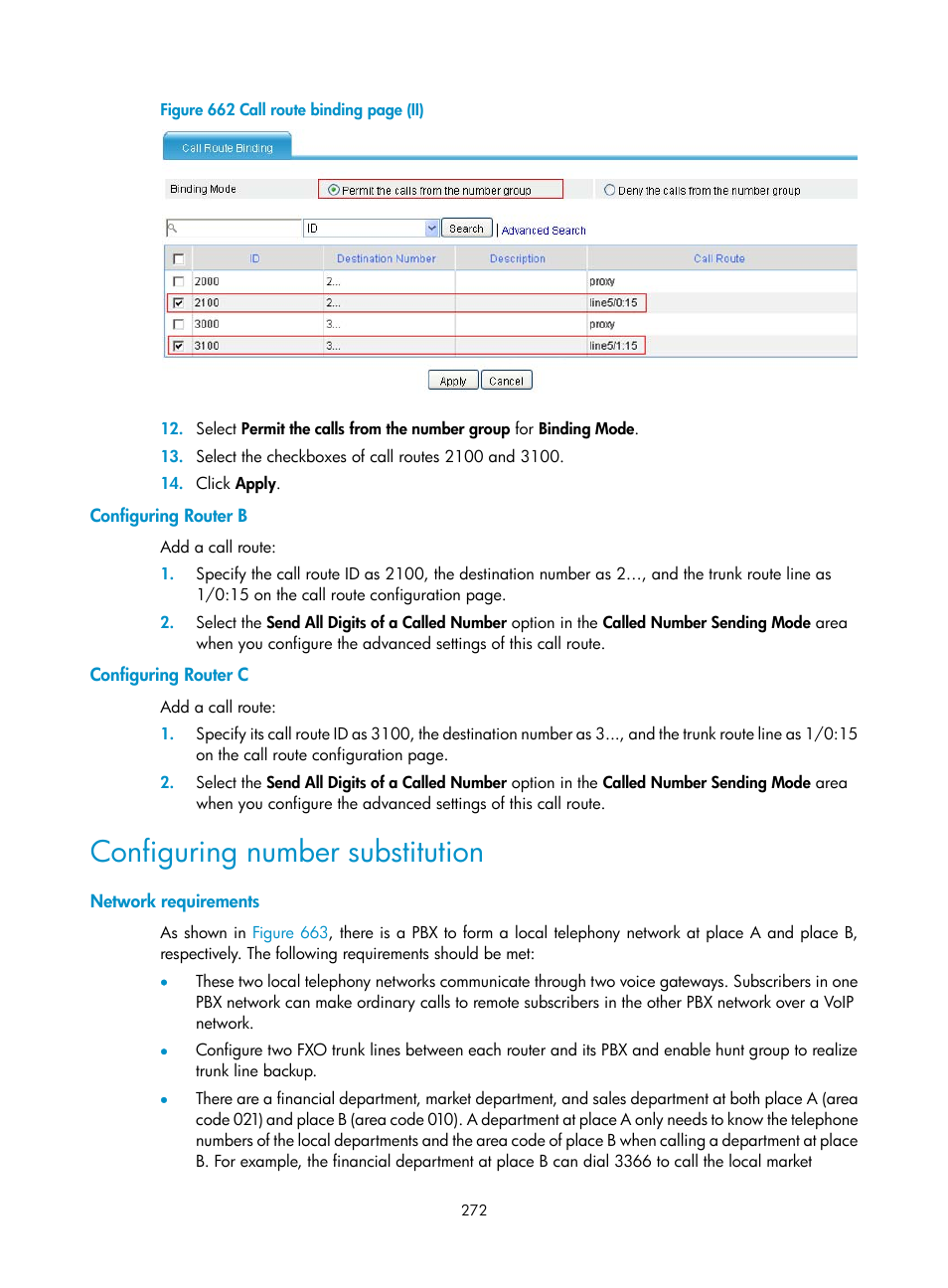 Configuring router b, Configuring router c, Configuring number substitution | Network requirements | H3C Technologies H3C MSR 50 User Manual | Page 657 / 877