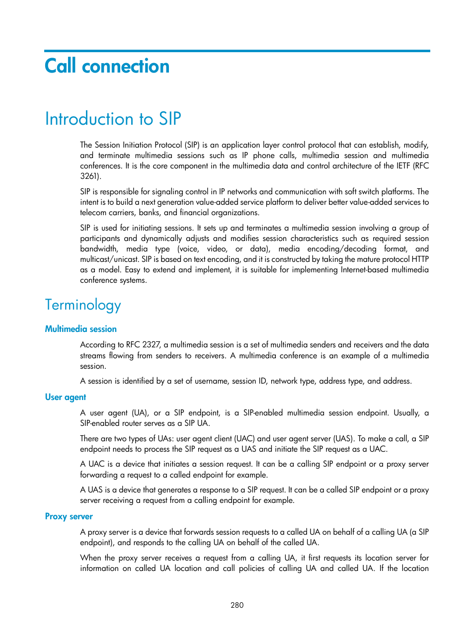 Call connection, Introduction to sip, Terminology | Multimedia session, User agent, Proxy server | H3C Technologies H3C MSR 50 User Manual | Page 665 / 877