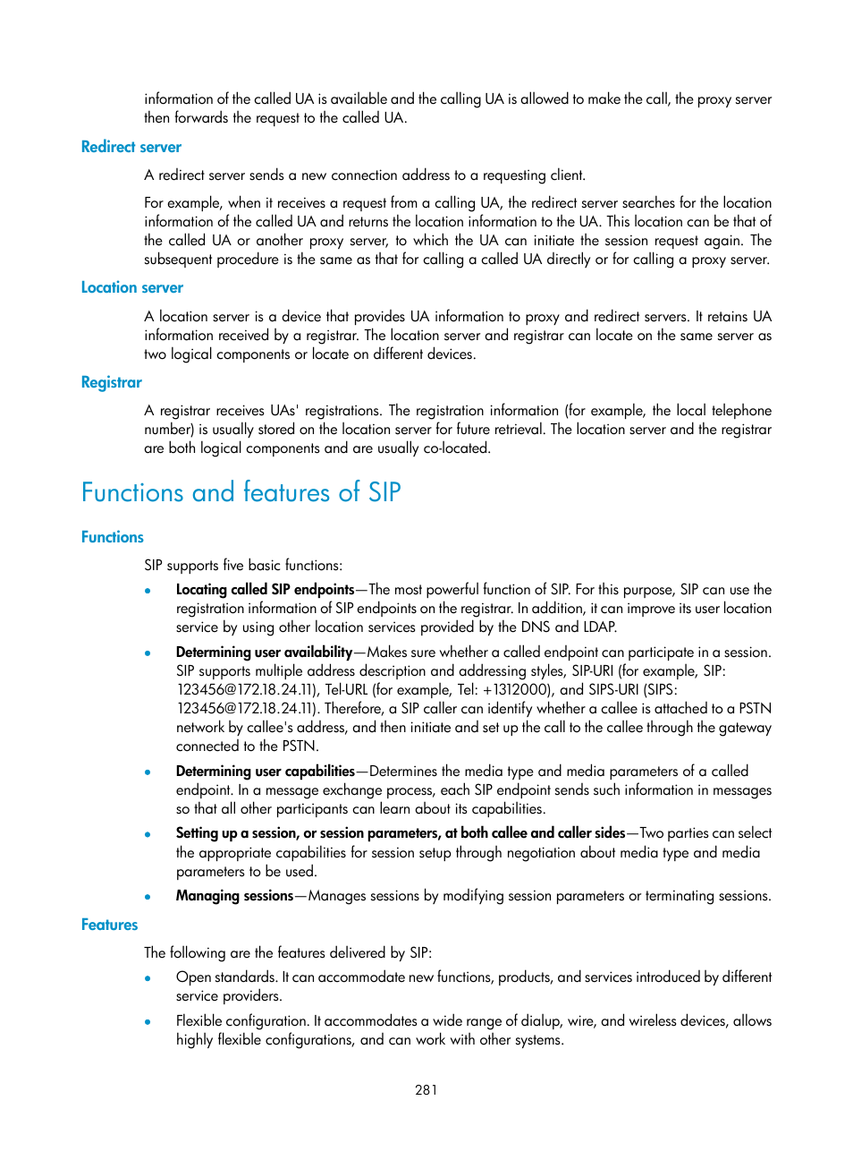 Redirect server, Location server, Registrar | Functions and features of sip, Functions, Features | H3C Technologies H3C MSR 50 User Manual | Page 666 / 877