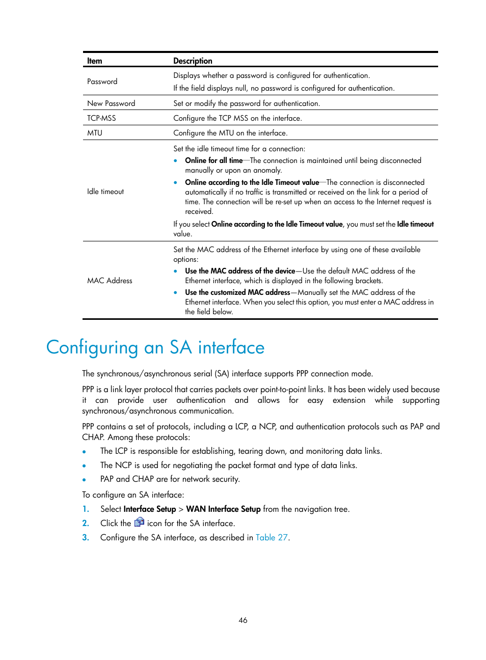 Configuring an sa interface | H3C Technologies H3C MSR 50 User Manual | Page 67 / 877