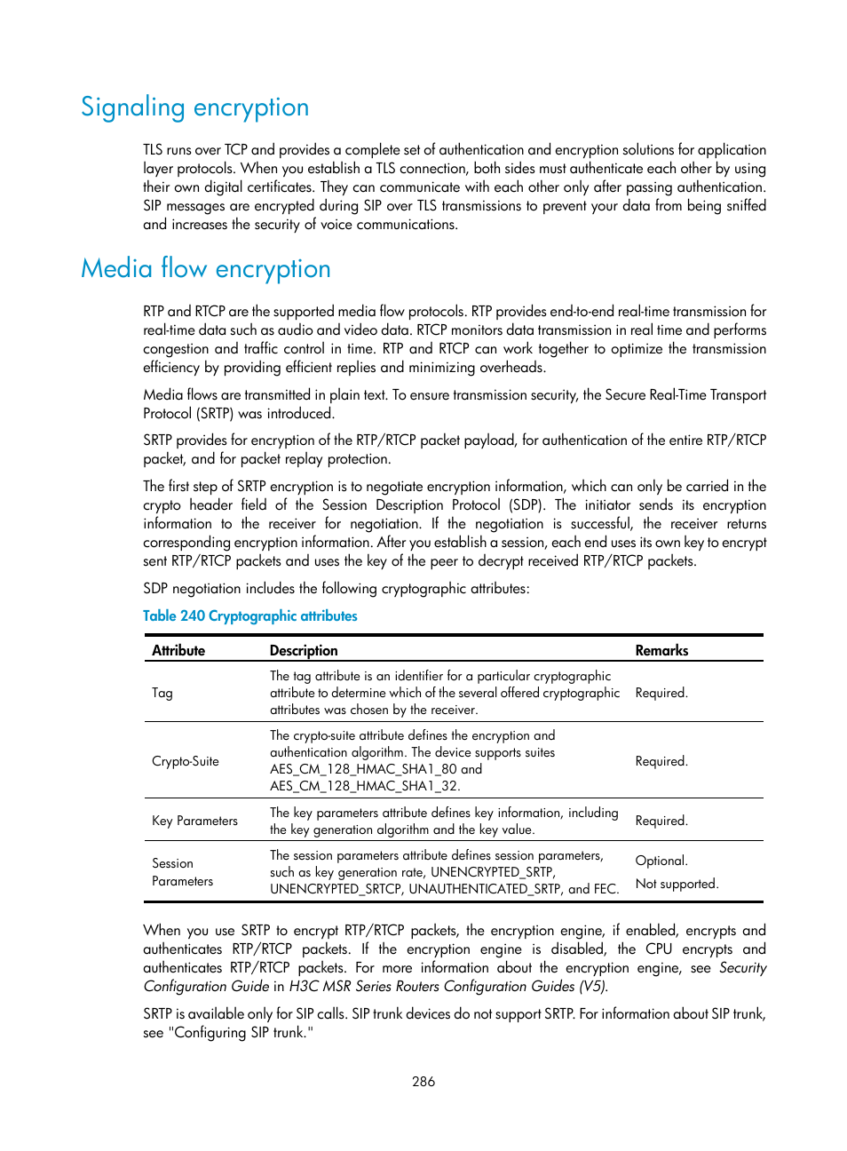 Signaling encryption, Media flow encryption | H3C Technologies H3C MSR 50 User Manual | Page 671 / 877