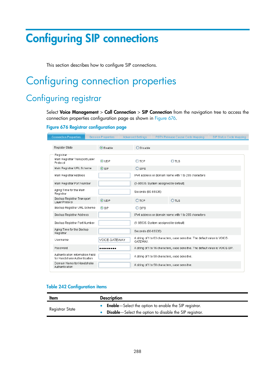 Configuring sip connections, Configuring connection properties, Configuring registrar | H3C Technologies H3C MSR 50 User Manual | Page 673 / 877