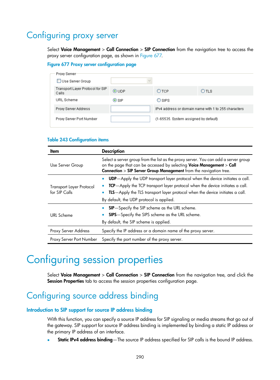 Configuring proxy server, Configuring session properties, Configuring source address binding | H3C Technologies H3C MSR 50 User Manual | Page 675 / 877