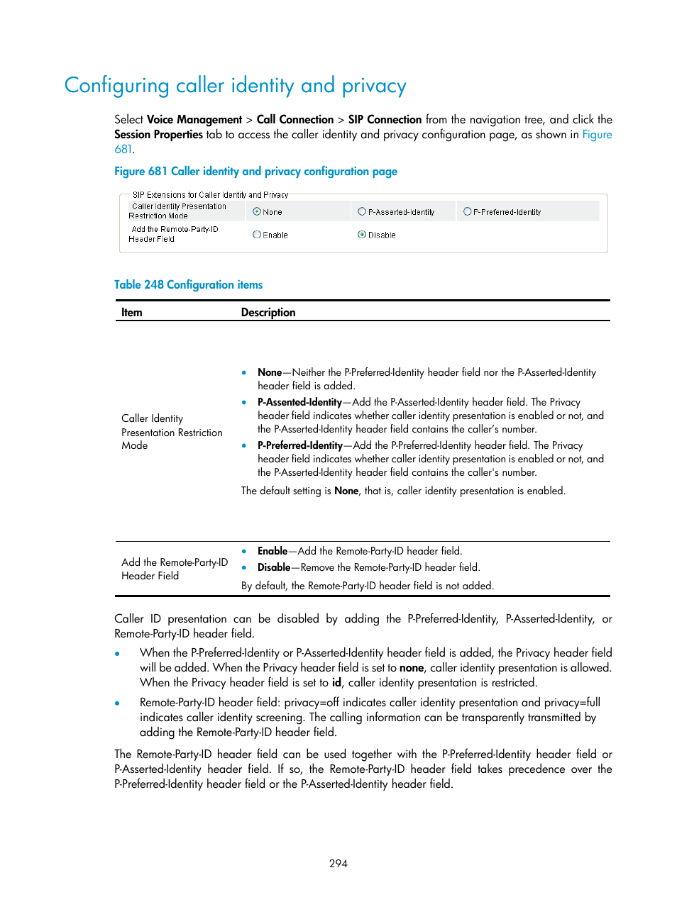 Configuring caller identity and privacy | H3C Technologies H3C MSR 50 User Manual | Page 679 / 877