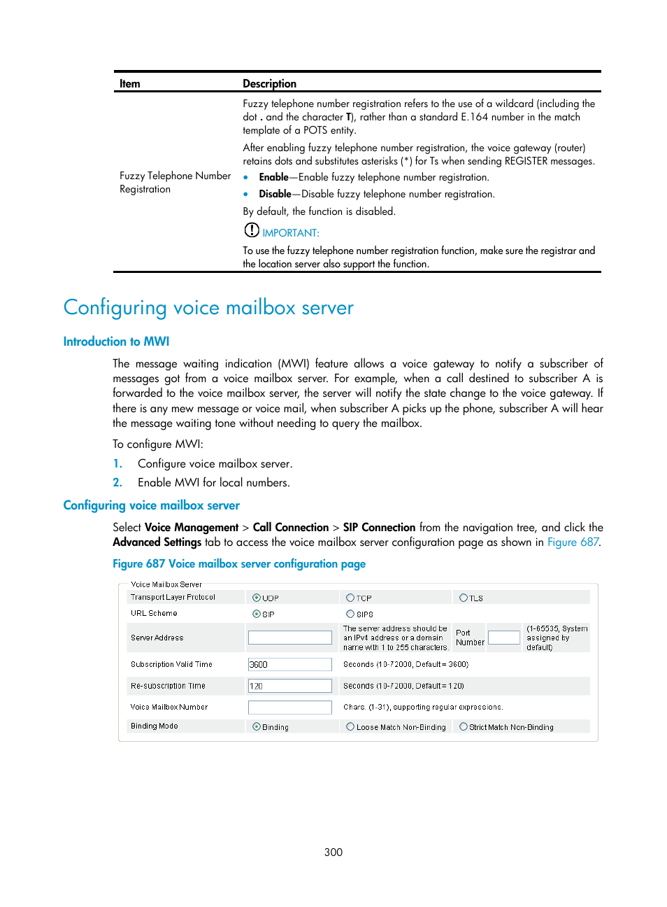 Configuring voice mailbox server, Introduction to mwi | H3C Technologies H3C MSR 50 User Manual | Page 685 / 877