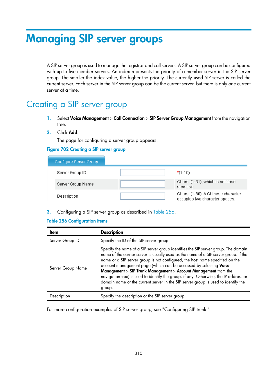 Managing sip server groups, Creating a sip server group | H3C Technologies H3C MSR 50 User Manual | Page 695 / 877